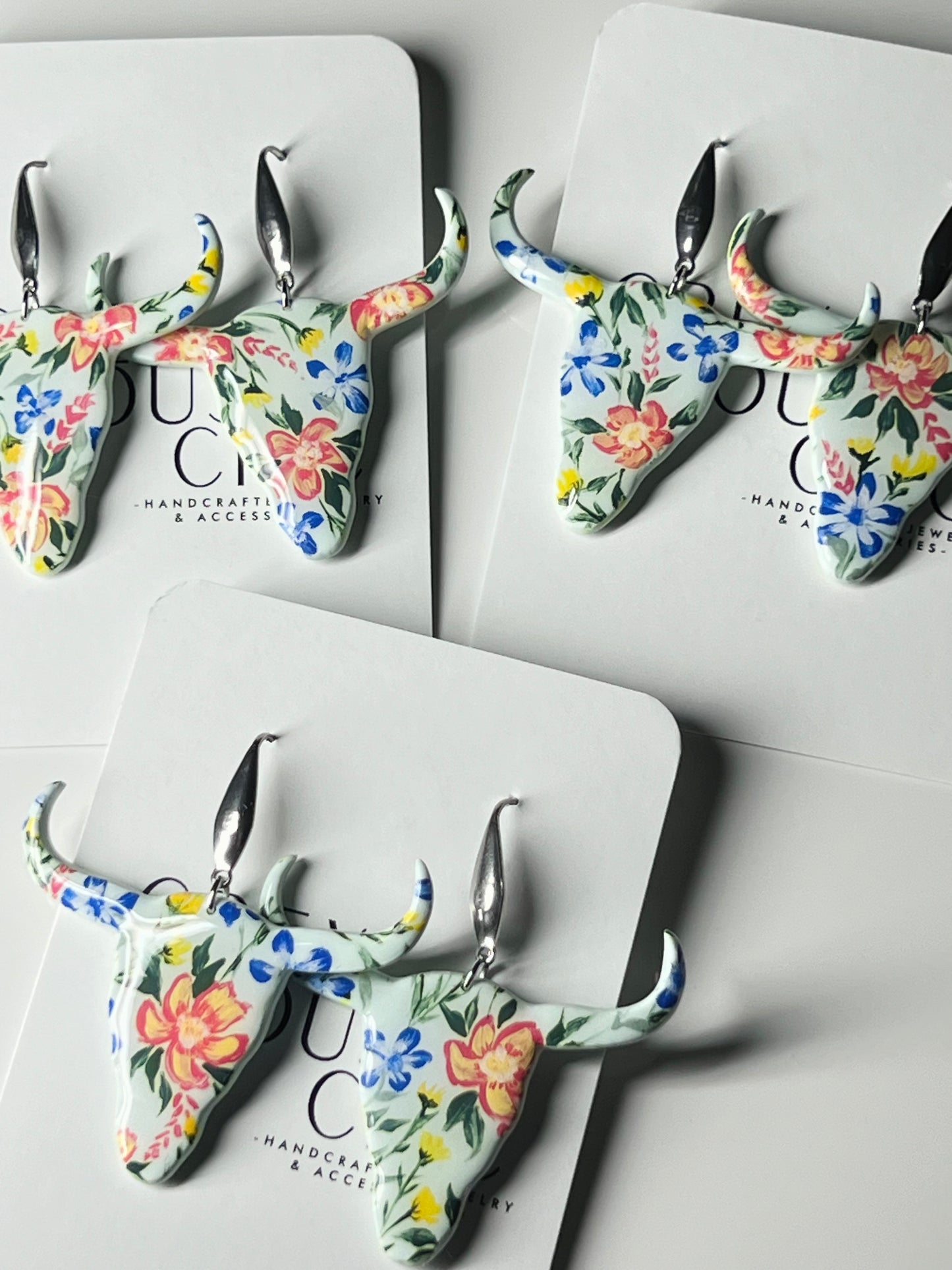 Hand Painted Floral Steer Dangles