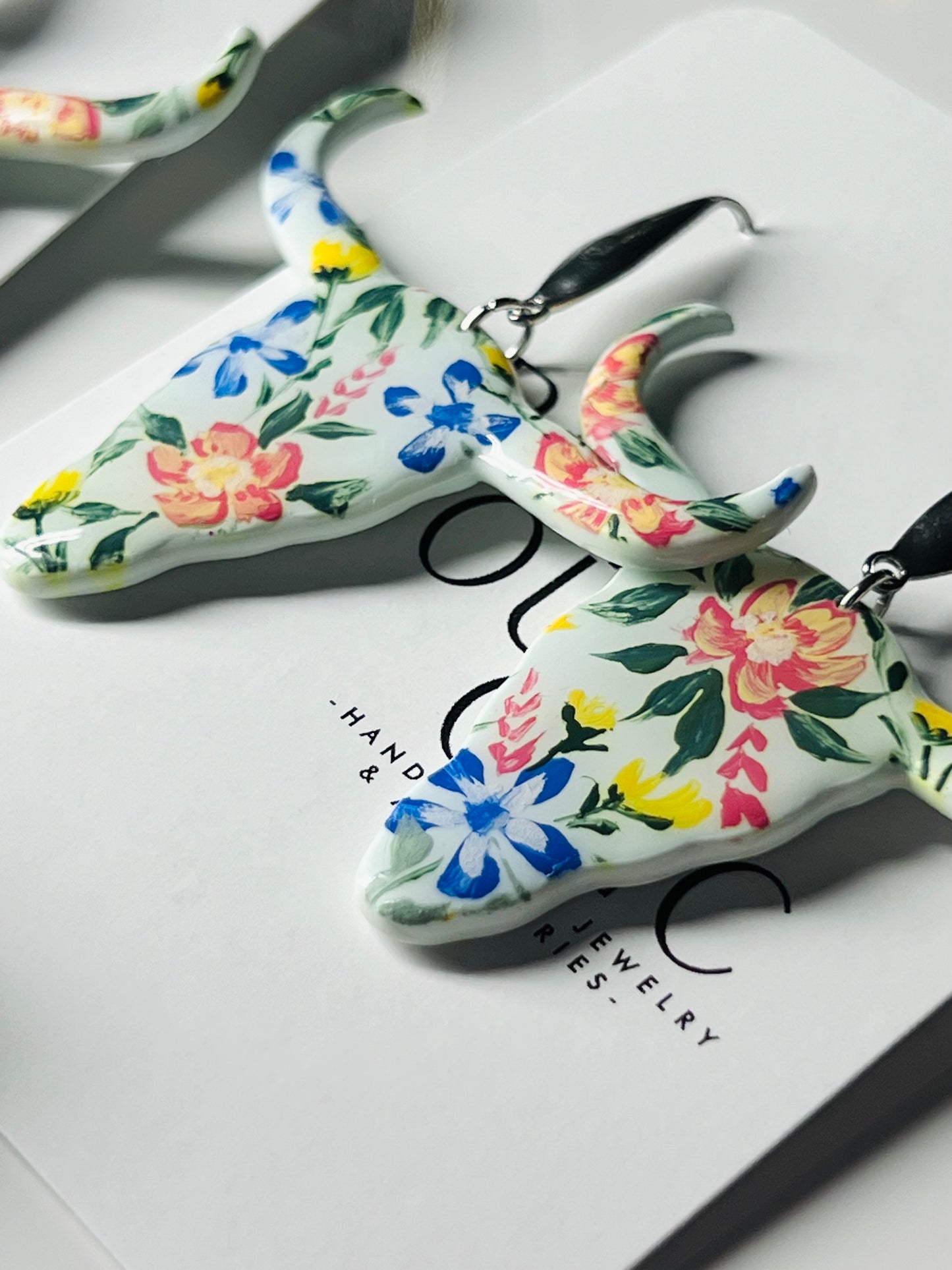 Hand Painted Floral Steer Dangles