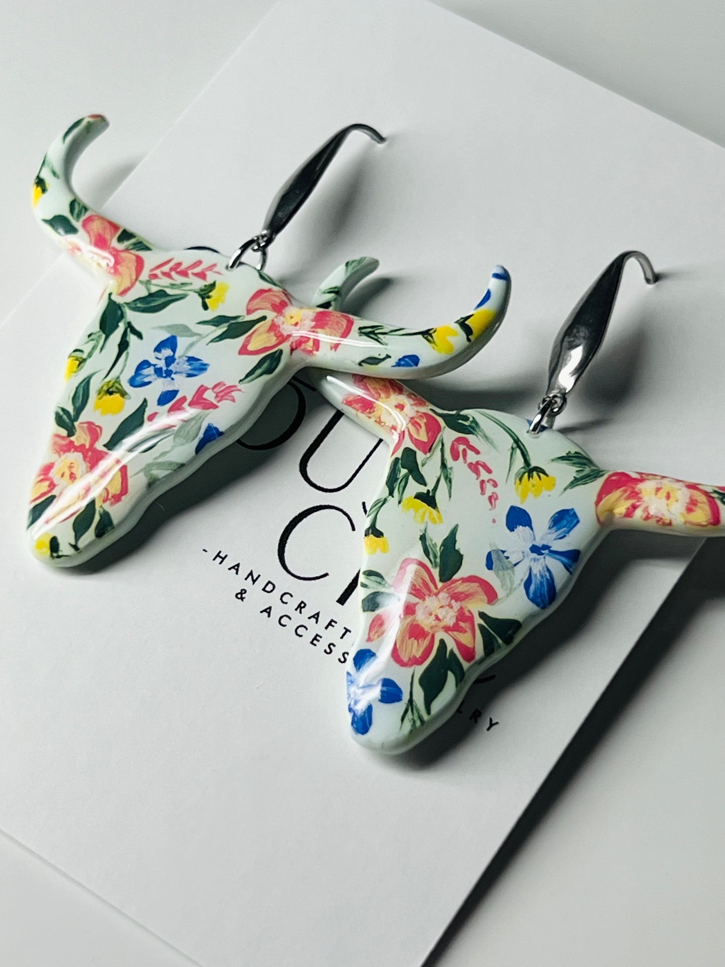 Hand Painted Floral Steer Dangles