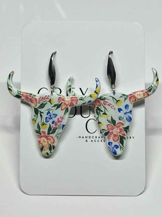 Hand Painted Floral Steer Dangles