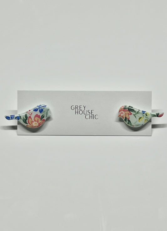 Hand Painted Floral Bird Studs