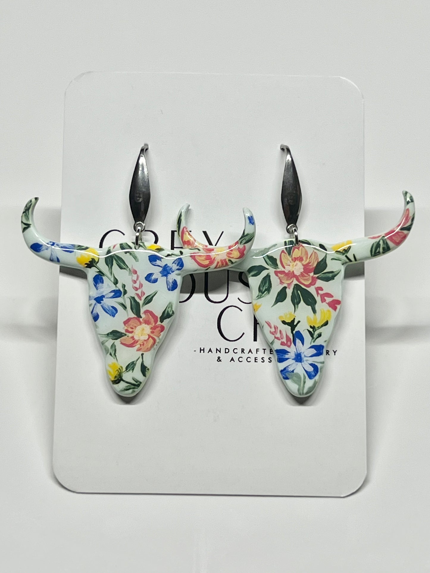 Hand Painted Floral Steer Dangles